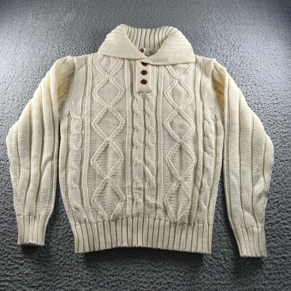 Vtg Kings Road Sweater Mens L Chunky Cable Knit‎ Shawl Collar Cream Cottagecore